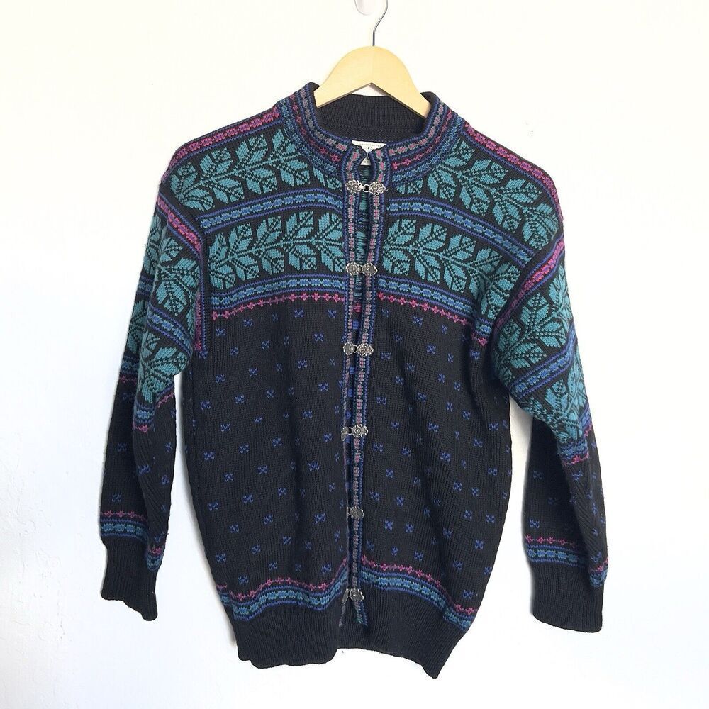 Vintage Stowe Woolens Sweater Small Nordic Cardigan Fair Isle Icelandic Cottage